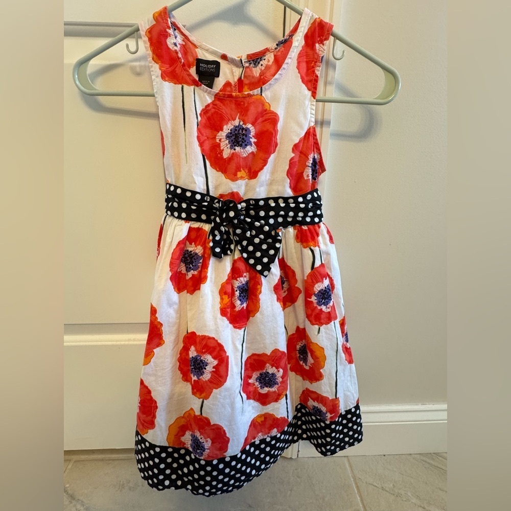 Holiday Editions White Dress with Red Floral and Black Polka Dot Ribbon